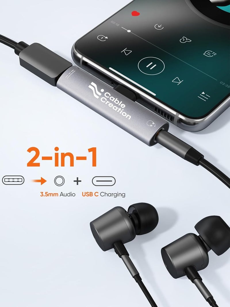 CableCreation محول USB C إلى 3.5 مم لسماعات الرأس والشاحن، 2 في 1 نوع-C إلى 3.5 مم صوت عالي الدقة مع شحن سريع PD، USB C إلى Aux مع دنجيل شحن لهاتف iPhone 16 15 Pro Max، Galaxy 24+، Pixel، iPad - Image 3